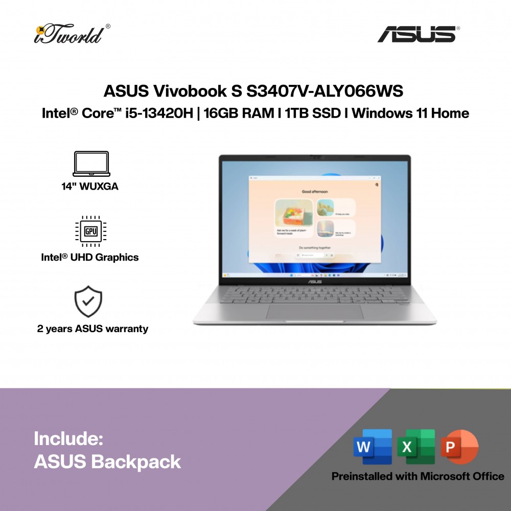 ASUS Vivobook S S3407V-ALY066WS Laptop (Intel  ® Core™ i5-13420H | 14" WUXGA | 16GB RAM | 1TB SSD | Intel  ® UHD Graphics | Windows 11 Home |Microsoft Office Home 2024 + Microsoft 365)