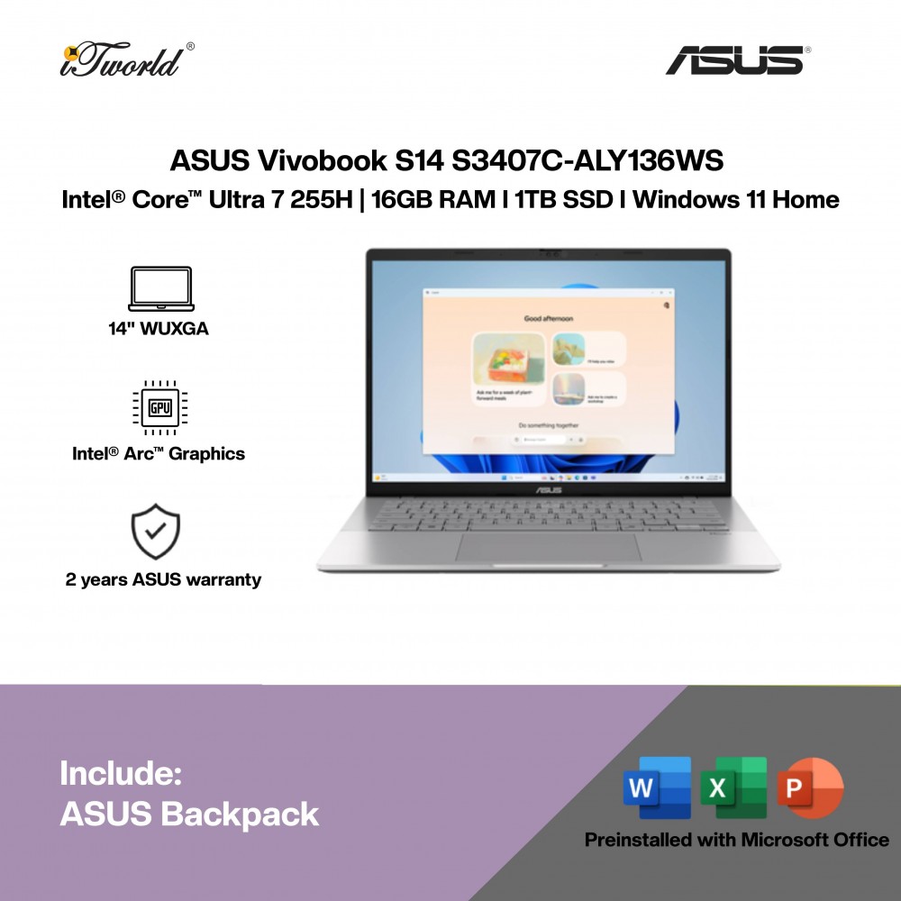 ASUS Vivobook S14 S3407C-ALY136WS Laptop (Intel  ® Core™ Ultra 7 255H | 14" WUXGA | 16GB RAM | 1TB SSD | Intel  ® Arc™ Graphics | Windows 11 Home |Microsoft Office Home 2024 + Microsoft 365)