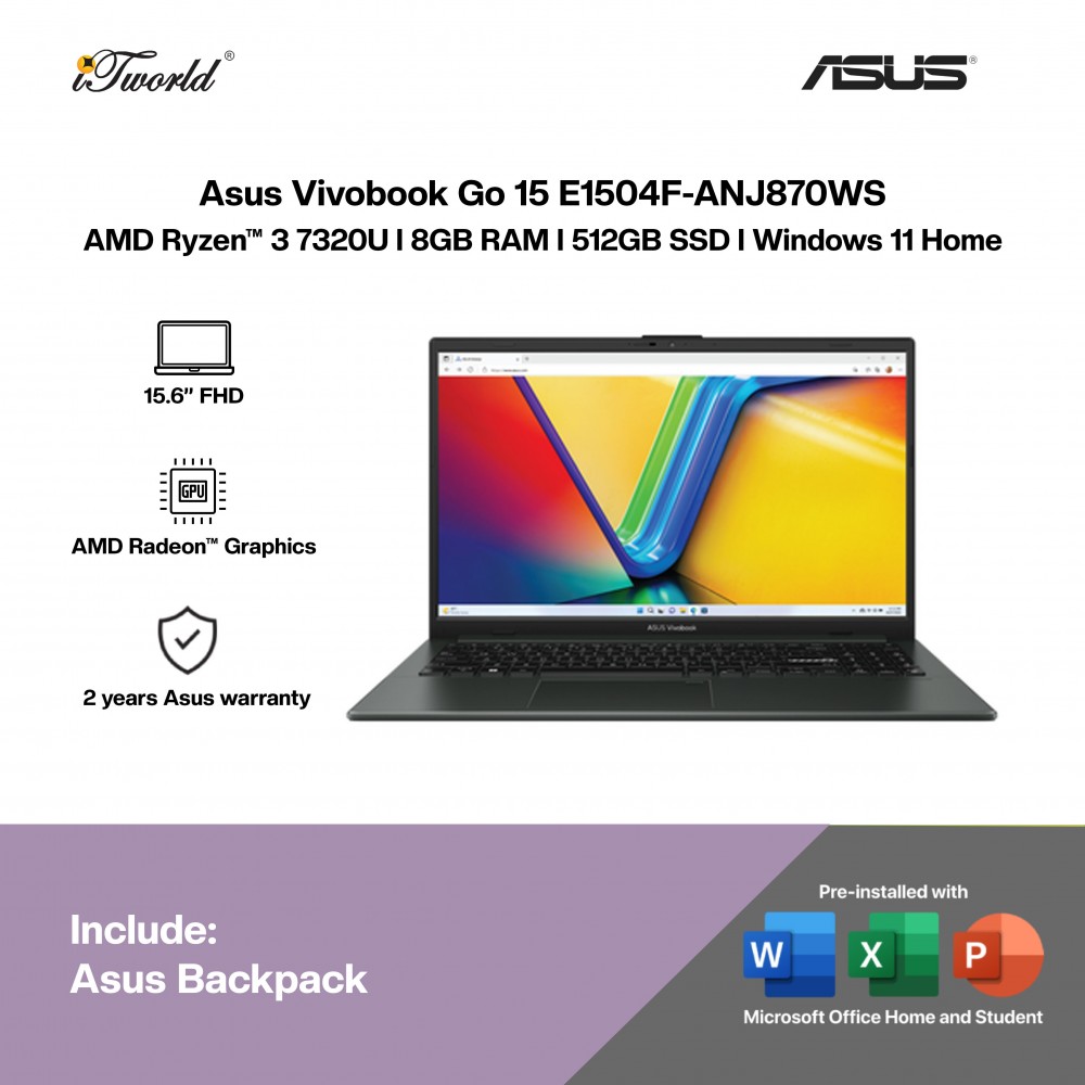 ASUS Vivobook Go 15 E1504F-ANJ870WS Laptop (AMD Ryzen 3 7320U | 15.6" FHD | 8GB RAM | 512GB SSD | AMD Radeon Graphic | Windows 11 Home | Office Home & Student)
