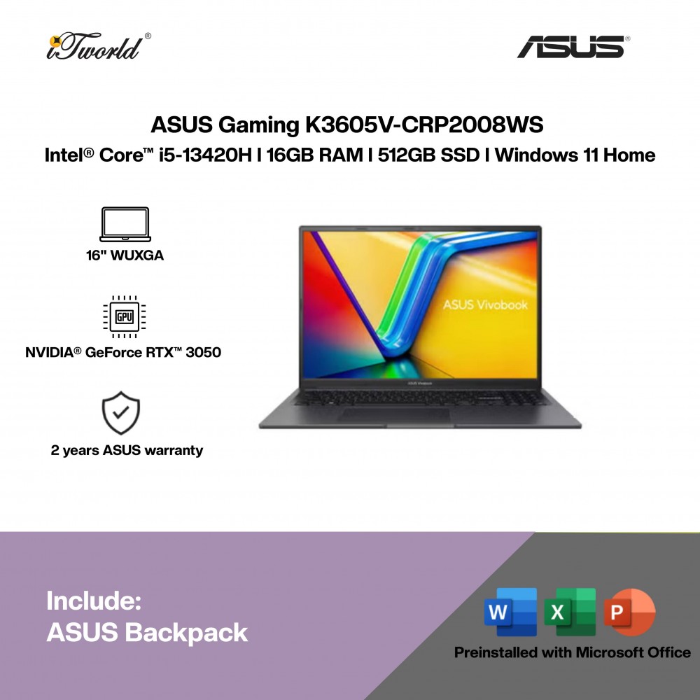 ASUS Gaming K3605V-CRP2008WS Gaming Laptop (Intel  ® Core™ i5-13420H | 16" WUXGA | 16GB RAM | 512GB SSD | NVIDIA  ® GeForce RTX™ 3050 4GB | Windows 11 Home |Microsoft Office Home 2024 + Microsoft 365)