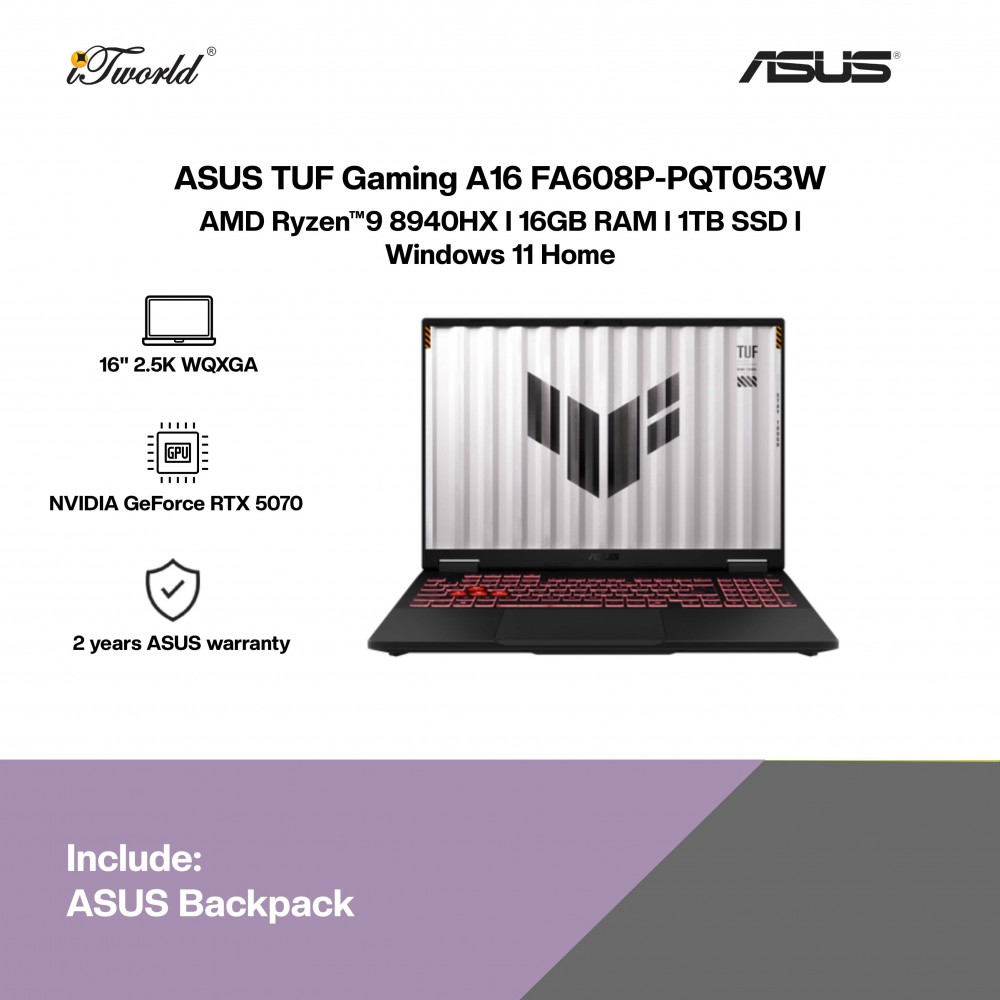 ASUS TUF Gaming A16 FA608P-PQT053W Gaming Laptop (NVIDIA  ® GeForce RTX™ 5070 | R9-8940HX | 16" 2.5K WQXGA | 16GB RAM | 1TB SSD | Windows 11 Home)