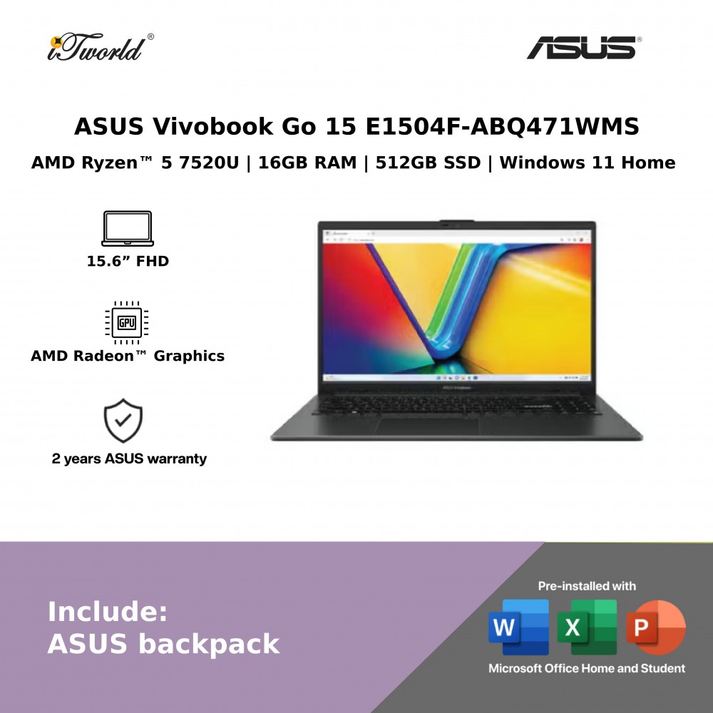 ASUS Vivobook Go 15 E1504F-ABQ471WMS Laptop (AMD Ryzen™ 5 7520U | 15.6"FHD | 16GB RAM | 512GB SSD | AMD Radeon™ Graphics | Windows 11 Home) 