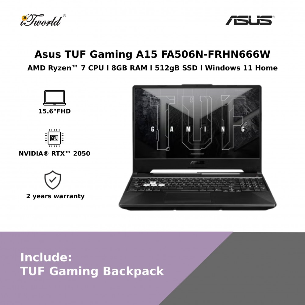 Asus TUF Gaming A15 FA506N-FRHN666W (AMD Ryzen 7 7435HS | 15.6"FHD | 8GB RAM | 512GB SSD | Nvidia GeForce RTX2050 | Windows 11 Home) 