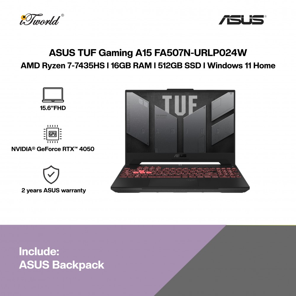 ASUS TUF Gaming A15 FA507N-URLP024W Laptop (AMD Ryzen™ 7 7435HS | 15.6”FHD | 16GB RAM | 512GB SSD | NVIDIA  ® GeForce RTX™ 4050 | Windows 11 Home)