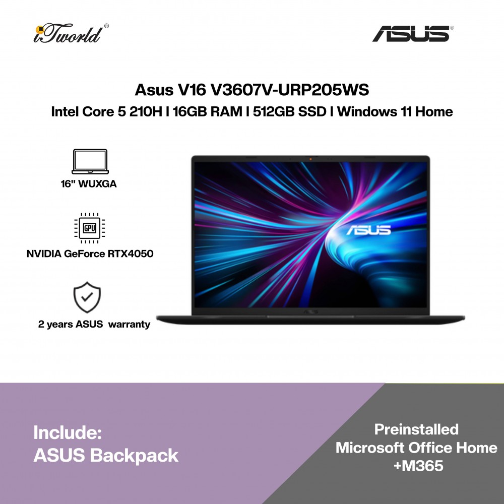 ASUS V16 V3607V-URP205WS Gaming Laptop (NVIDIA  ® GeForce RTX™ 4050 | C 5 210H | 16" WUXGA | 16GB RAM | 512GB SSD | Windows 11 Home | Office Home + M365)