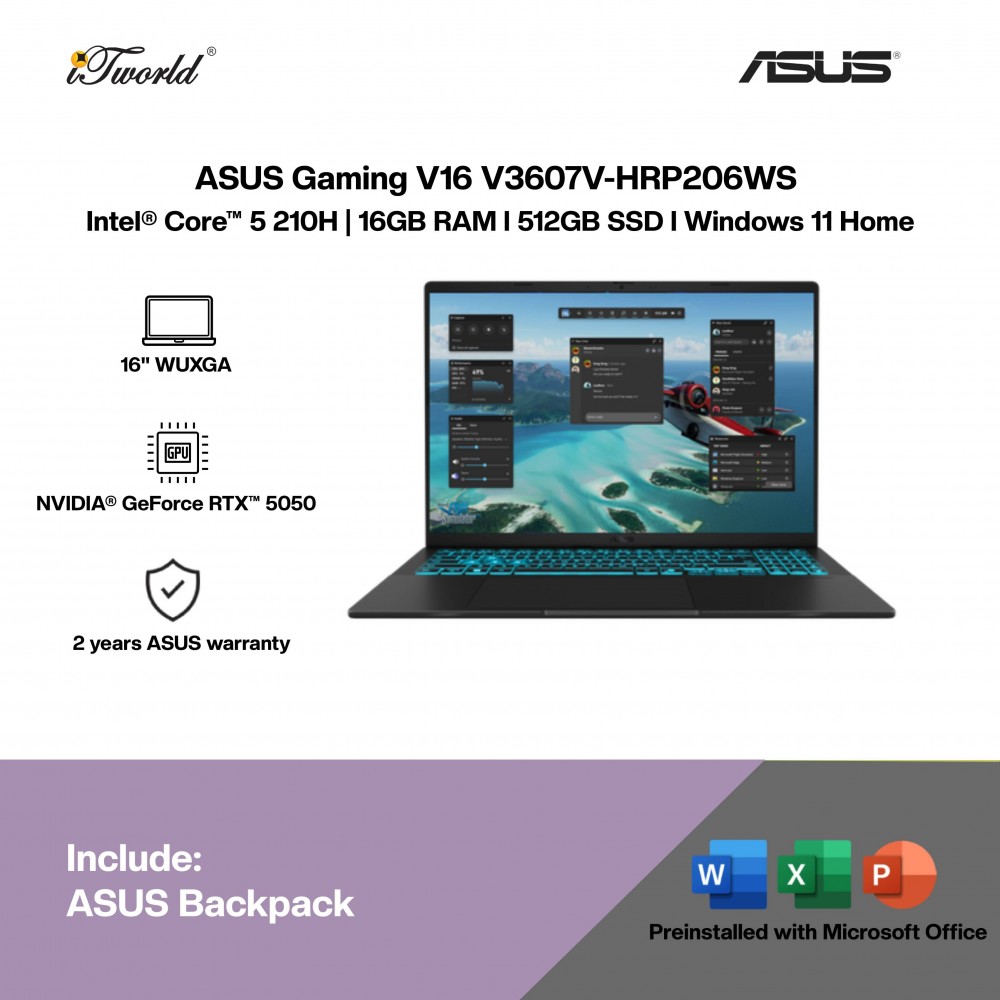 ASUS Gaming V16 V3607V-HRP206WS Gaming Laptop (Intel  ® Core™ 5 210H | 16" WUXGA | 16GB RAM | 512GB SSD | NVIDIA  ® GeForce RTX™ 5050 8GB | Windows 11 Home |Microsoft Office Home 2024 + Microsoft 365)