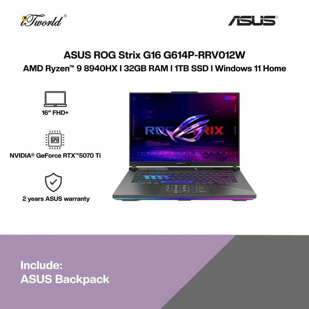 ASUS ROG Strix G16 G614P-RRV012W Gaming Laptop (NVIDIA  ® GeForce RTX™ 5070 Ti | R9 8940HX | 16" FHD+ | 32GB RAM | 1TB SSD | Windows 11 Home)