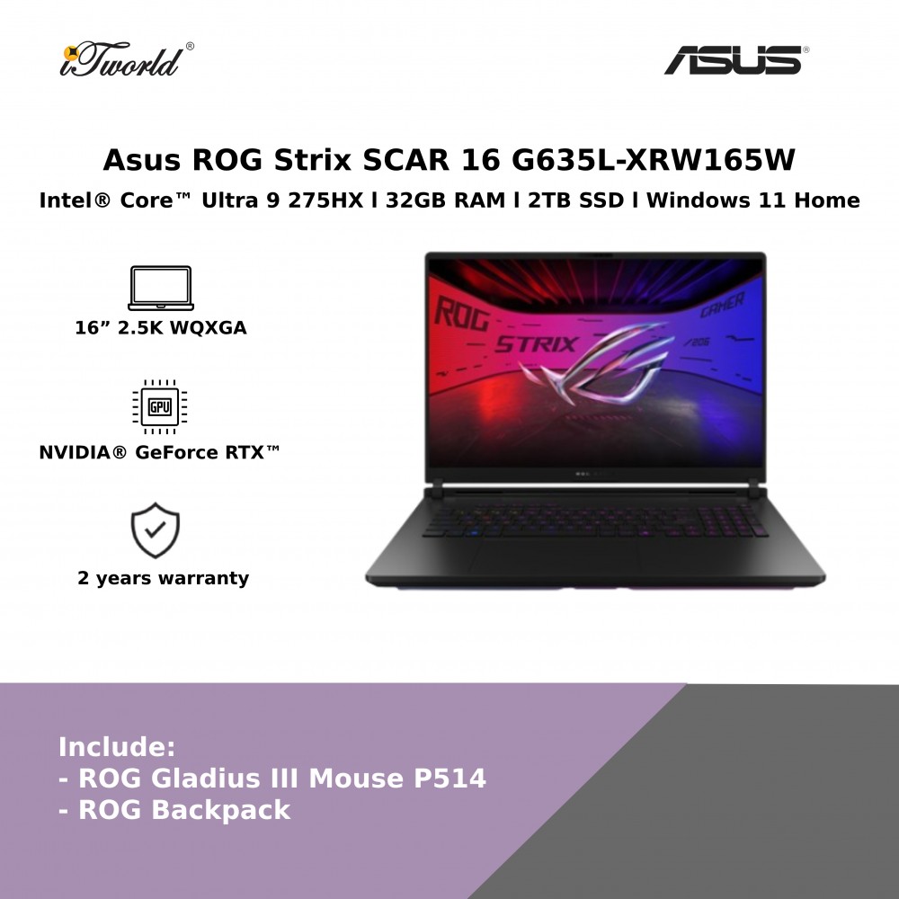 Asus ROG Strix SCAR 16 G635L-XRW165W (NVIDIA  ® GeForce RTX™ 5090 | CU 9-275HX | 16” 2.5K WQXGA | 32GB RAM | 2TB SSD | Windows 11 Home)