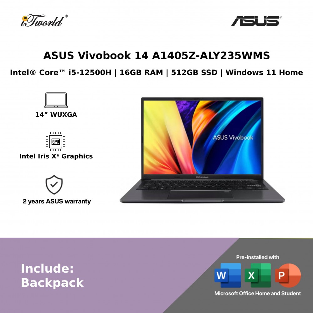 ASUS Vivobook 14 A1405Z-ALY235WMS Laptop (Intel  ® Core™ i5-12500H | 14” WUXGA | 16GB RAM | 512GB SSD | Intel Iris Xᵉ Graphics | Windows 11 Home) 