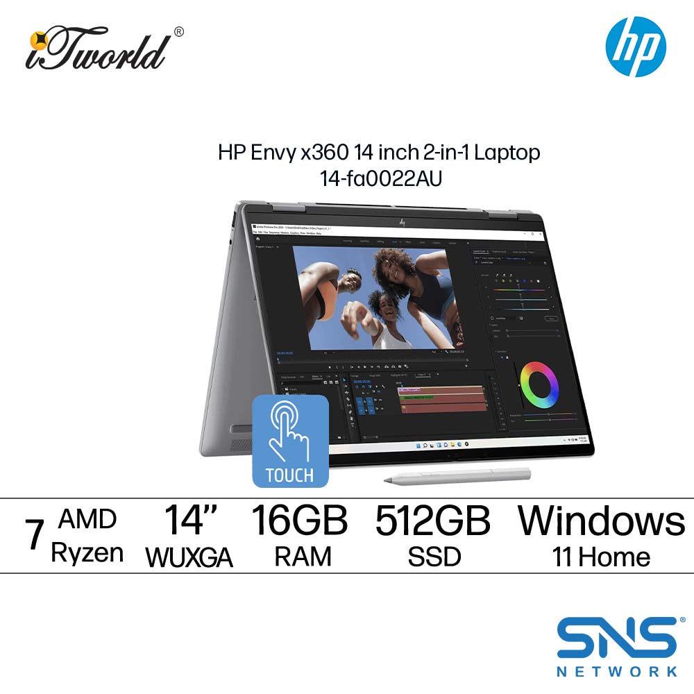 HP Envy x360 14 inch 2-in-1 Laptop 14-fa0022AU (AMD Ryzen™ 7 8840HS | 16GB | 512GB SSD | AMD Radeon™ Graphics | Windows 11 Home | Microsoft Office Home and Student 2024 + 1 Year Office 365 Basic)