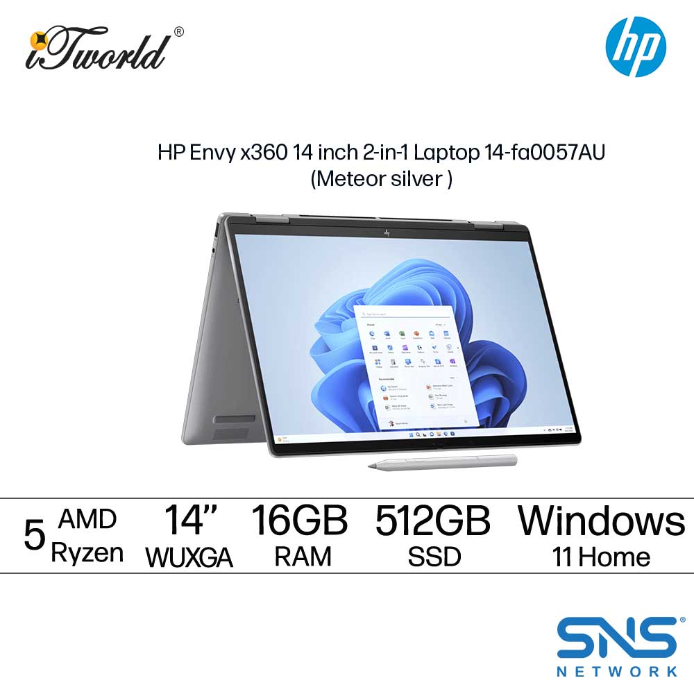 HP Envy x360 2-in-1 Laptop 14-fa0057AU (AMD Ryzen™ 5 8640HS | 14'' WUXGA | 16GB RAM | 512GB SSD | AMD Radeon™ Graphics | Windows 11 Home |  Preinstalled Microsoft Office Home and Student)