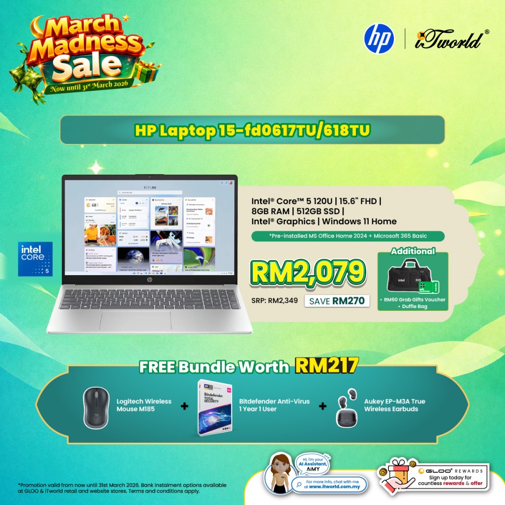 HP Laptop 15.6 inch 15-fd0617TU (Intel  ® Core™ 5 120U | 8GB | 512GB SSD | Intel UHD Graphics | Preinstalled Microsoft Office Home 2024 + Microsoft 365 Basic | Windows 11 Home)