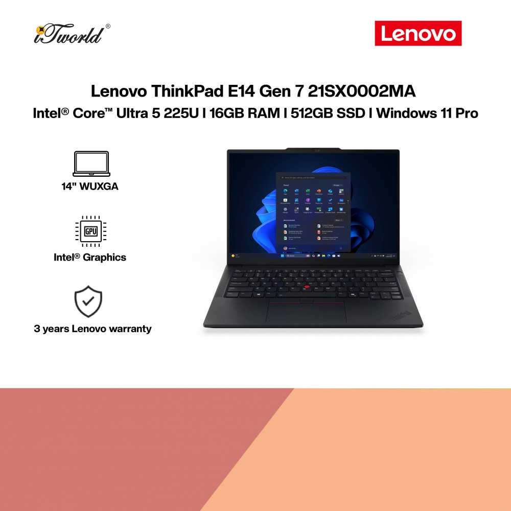 Lenovo ThinkPad E14 Gen 7 21SX0002MA Business Laptop (Intel  ® Core™ Ultra 5 225U | 14" WUXGA | 16GB RAM | 512GB SSD | Integrated Intel  ® Graphics | Windows 11 Pro)