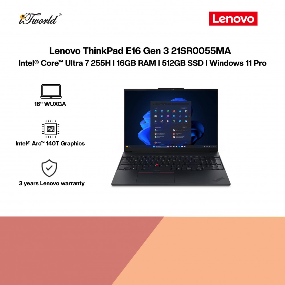 Lenovo ThinkPad E16 Gen 3 21SR0055MA Business Laptop (Intel  ® Core™ Ultra 7 255H | 16" WUXGA | 16GB RAM | 512GB SSD | Integrated Intel  ® Arc™ 140T Graphics | Windows 11 Pro)