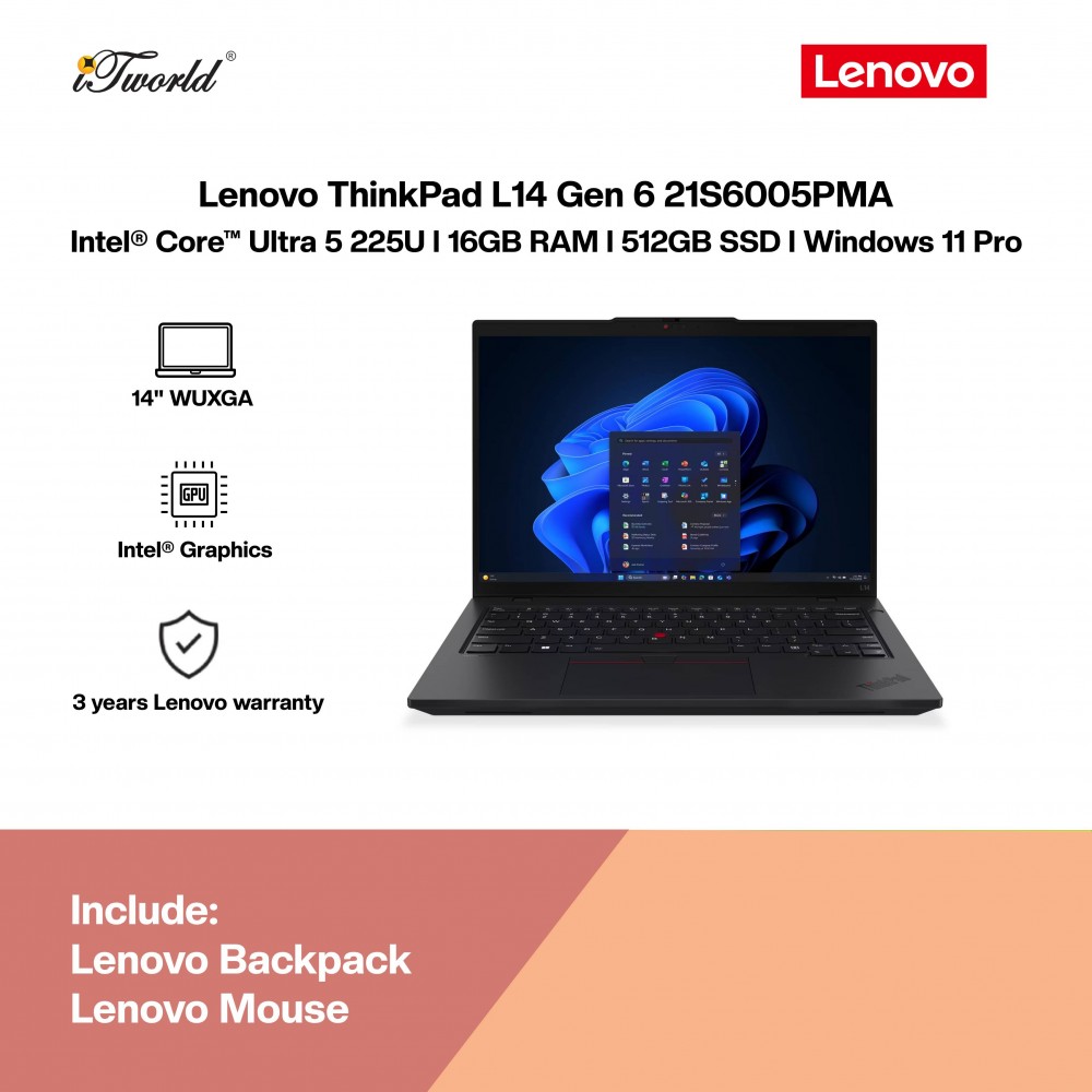 Lenovo ThinkPad L14 Gen 6 21S6005PMA Business Laptop (Intel  ® Core™ Ultra 5 Processor 225U | 14" WUXGA | 16GB RAM | 512GB SSD | Intel Graphics | Windows 11 Pro | Free Lenovo Backpack & Lenovo Mouse)