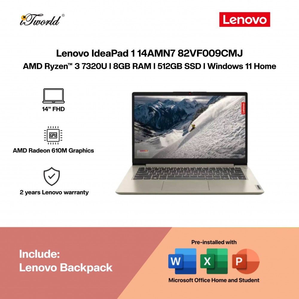 Lenovo IdeaPad 1 14AMN7 82VF009CMJ Laptop (AMD Ryzen™ 3 7320U | 14"FHD | 8GB RAM | 512GB SSD | Integrated AMD Radeon 610M Graphics | Windows 11 Home | Office Home & Student)