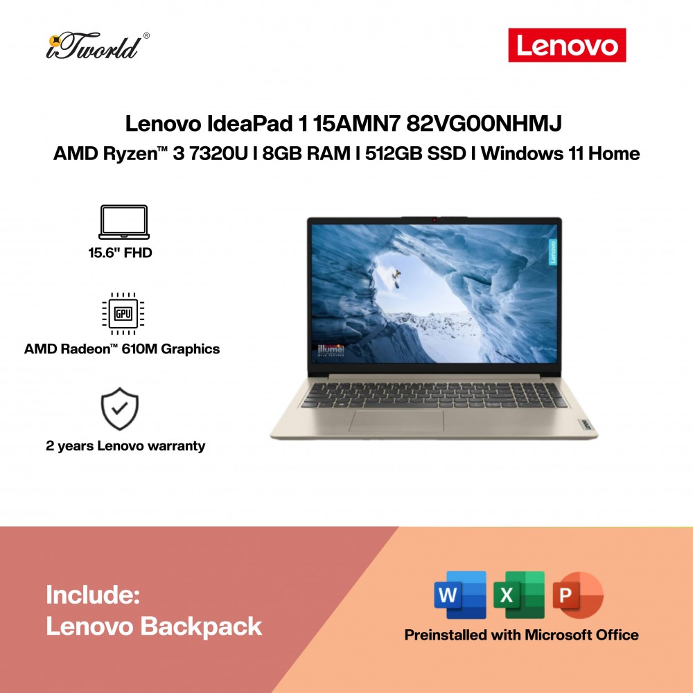 Lenovo IdeaPad 1 15AMN7 82VG00NHMJ Laptop (AMD Ryzen™ 3 7320U | 15.6" FHD | 8GB RAM | 512GB SSD | Integrated AMD Radeon™ 610M Graphics | Windows 11 Home |Microsoft Office Home & Student)