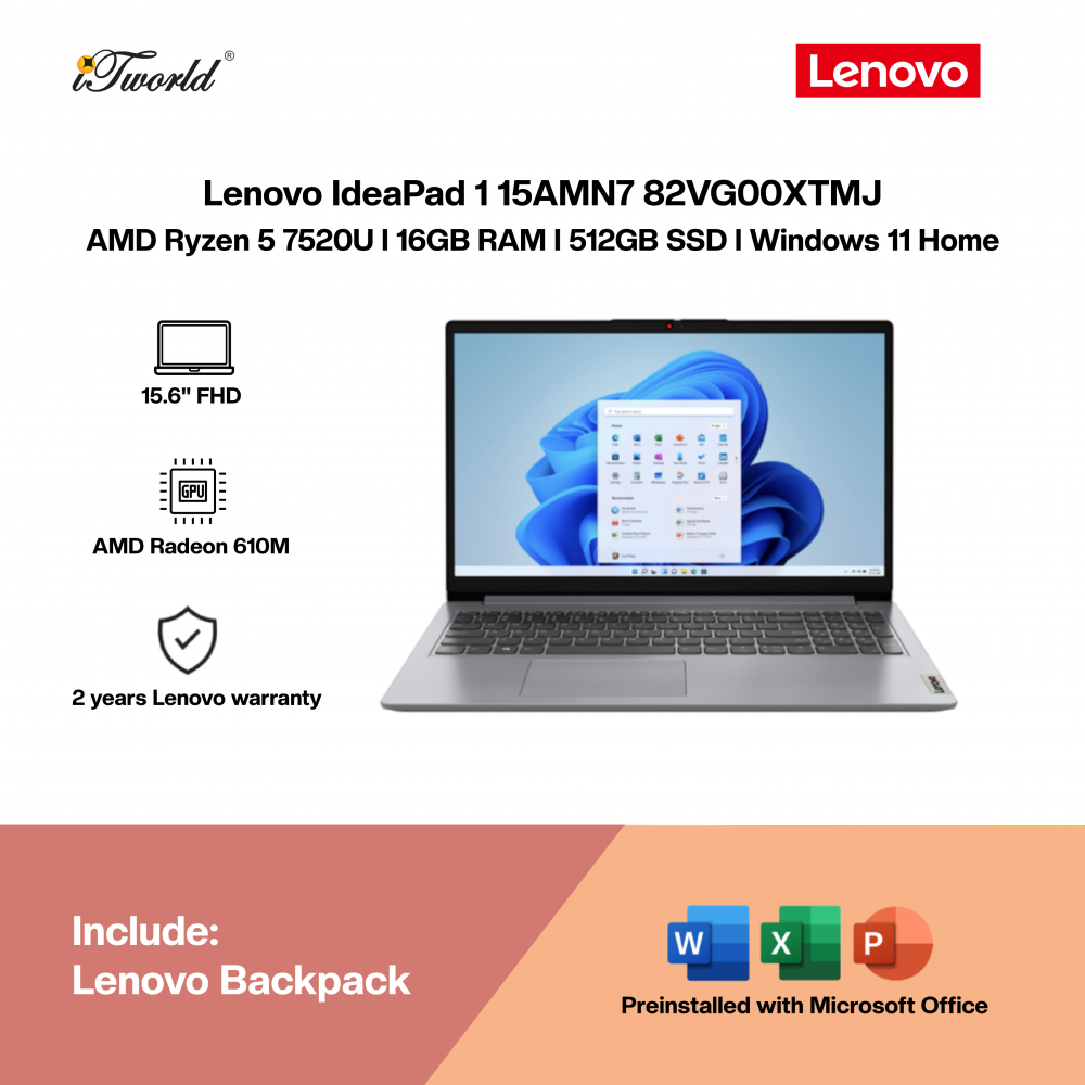 Lenovo IdeaPad 1 15AMN7 82VG00XTMJ Laptop (AMD Ryzen™ 5 7520U | 15.6” FHD | 16GB RAM | 512GB SSD | AMD Radeon™ 610M Graphics | Windows 11 Home | Microsoft Office Home 2024 + Microsoft 365)
