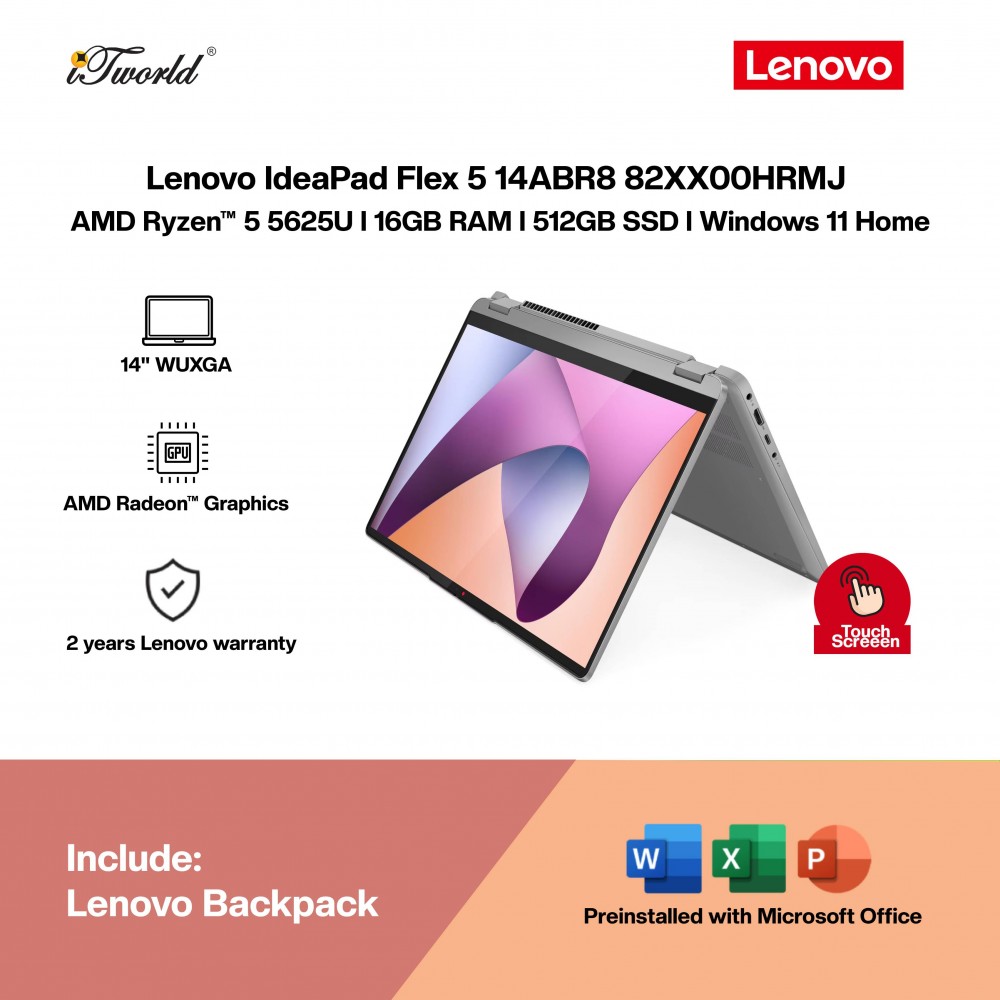 Lenovo IdeaPad Flex 5 14ABR8 82XX00HRMJ Laptop (AMD Ryzen™ 5 5625U | 14" WUXGA Touch | 16GB RAM | 512GB SSD | AMD Radeon™ Graphics | Windows 11 Home |Microsoft Office Home 2024)