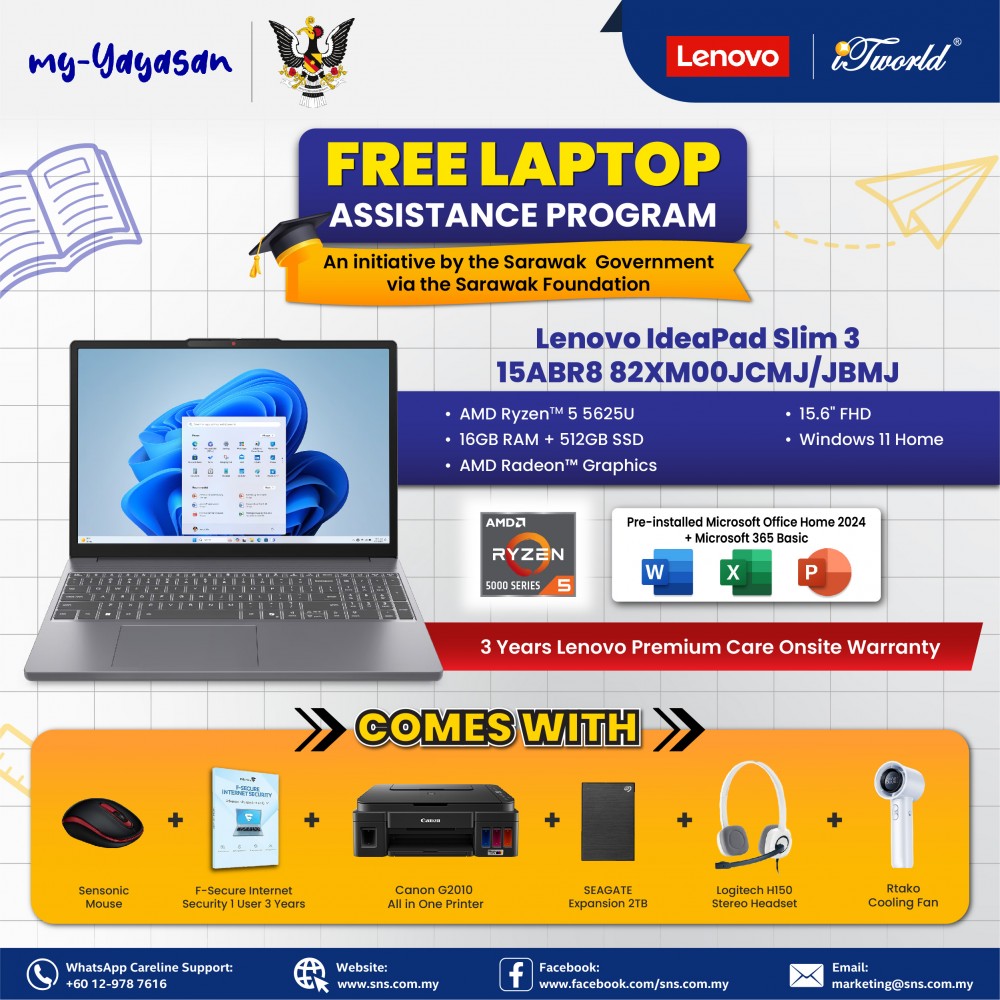 (my-Yayasan) Lenovo IdeaPad Slim 3 15ABR8 82XM00JCMJ Laptop (AMD Ryzen 5 7430U | 15.6" FHD | 16GB RAM | 512GB SSD | Integrated AMD Radeon™ Graphics | Windows 11 Home | Office Home & Student)