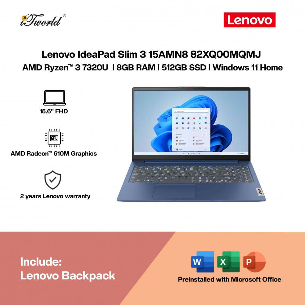 Lenovo IdeaPad Slim 3 15AMN8 82XQ00MQMJ Laptop (AMD Ryzen™ 3 7320U | 15.6" FHD | 8GB RAM | 512GB SSD | AMD Radeon™ 610M Graphics | Windows 11 Home | Microsoft Office Home 2024)