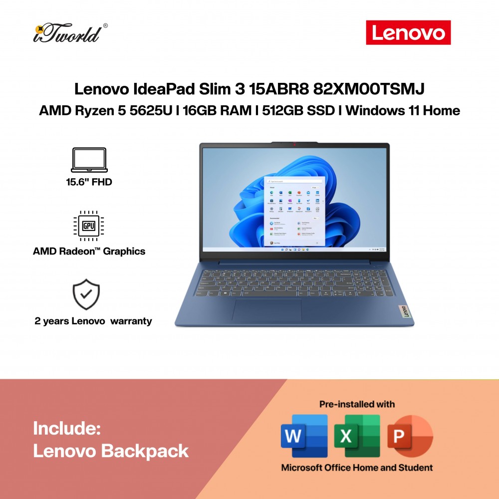 Lenovo IdeaPad Slim 3 15ABR8 82XM00TSMJ Laptop (AMD Ryzen 5-5625U | 15.6" FHD | 16GB RAM | 512GB SSD | AMD Radeon Graphics | Windows 11 Home | Office Home & Student+M365)