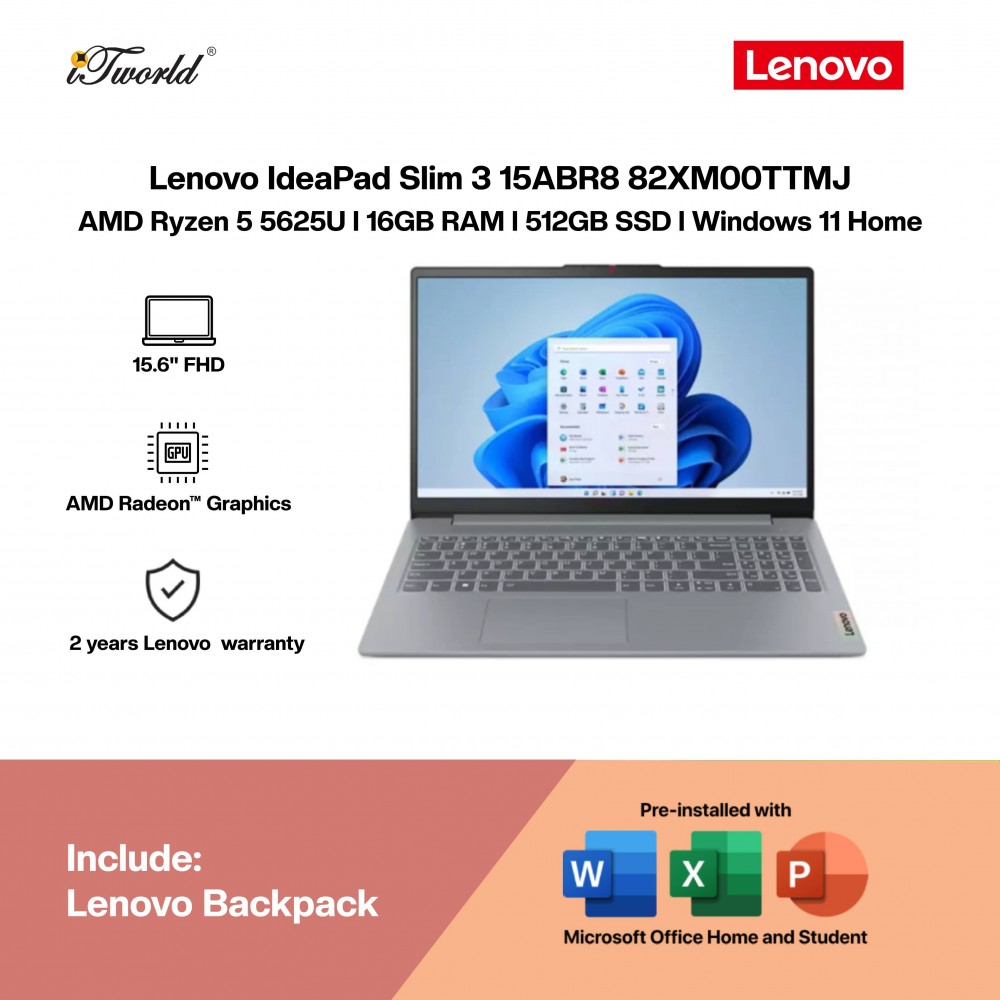 Lenovo IdeaPad Slim 3 15ABR8 82XM00TTMJ Laptop (AMD Ryzen 5-5625U | 15.6" FHD |16GB RAM | 512GB SSD | AMD Radeon Graphics | Windows 11 Home | Office Home & Student + M365)