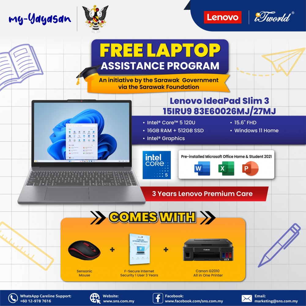 (my-Yayasan) Lenovo IdeaPad Slim 3 15IRU9 83E60026MJ Laptop (Intel  ® Core™ 5 120U | 15.6"FHD | 16GB RAM | 512GB SSD | Intel  ® Graphics | Windows 11 Home | Office Home & Student)