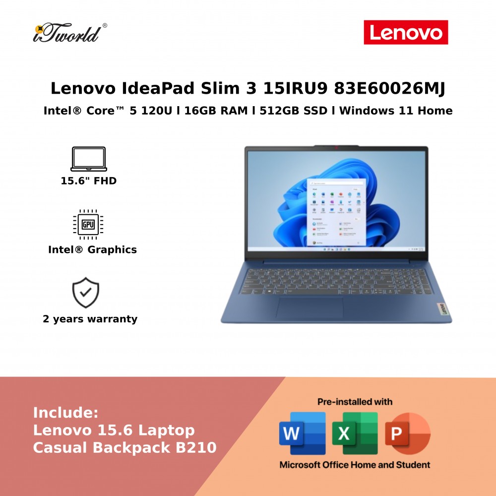 Lenovo IdeaPad Slim 3 15IRU9 83E60026MJ Laptop (Intel  ® Core™ 5 120U | 15.6"FHD | 16GB RAM | 512GB SSD | Intel  ® Graphics | Windows 11 Home | Office Home & Student)