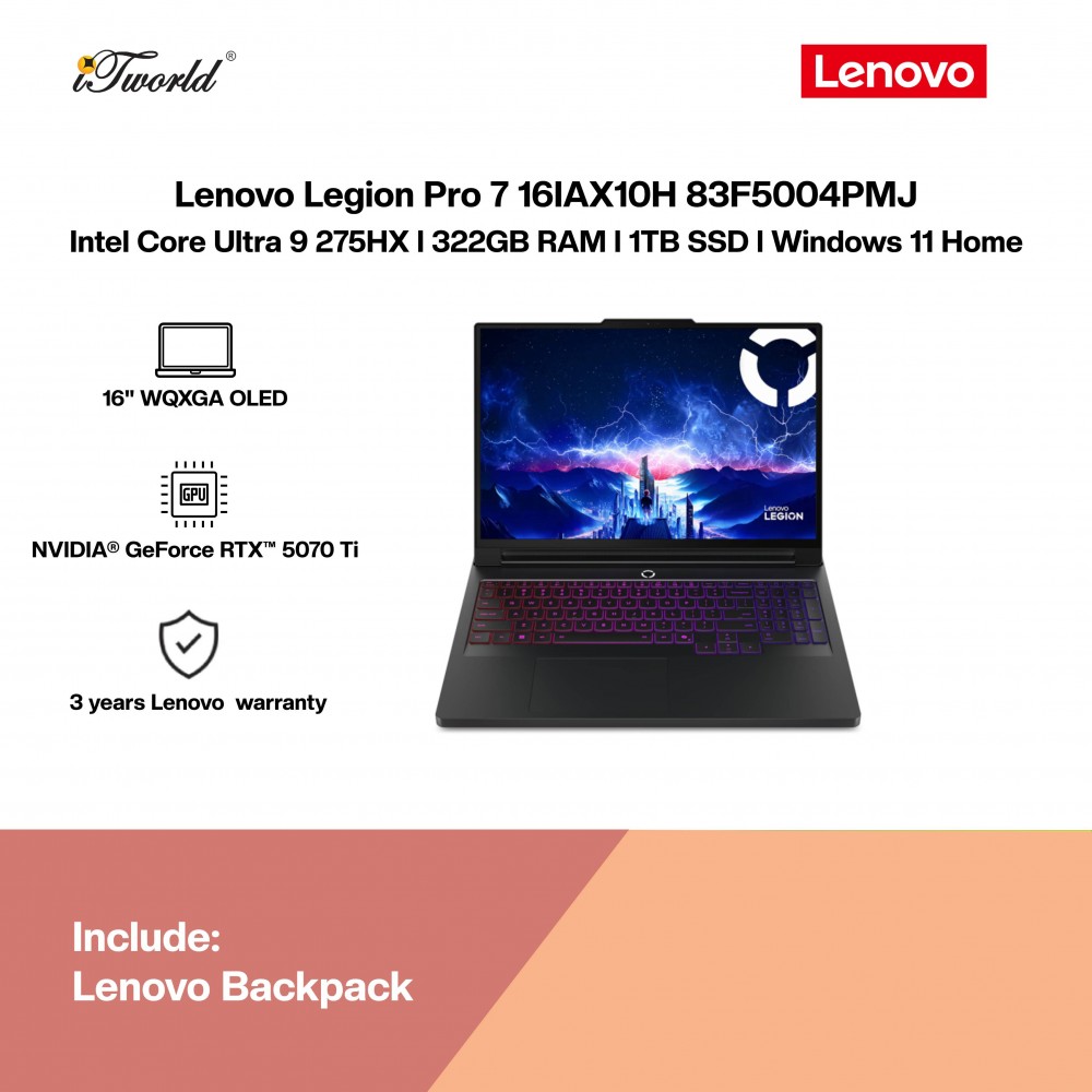 Lenovo Legion Pro 7 16IAX10H 83F5004PMJ Gaming Laptop (NVIDIA  ® GeForce RTX™ 5070 Ti | CU 9-275HX | 16"WQXGA | 32GB RAM | 1TB SSD | Windows 11 Home) 