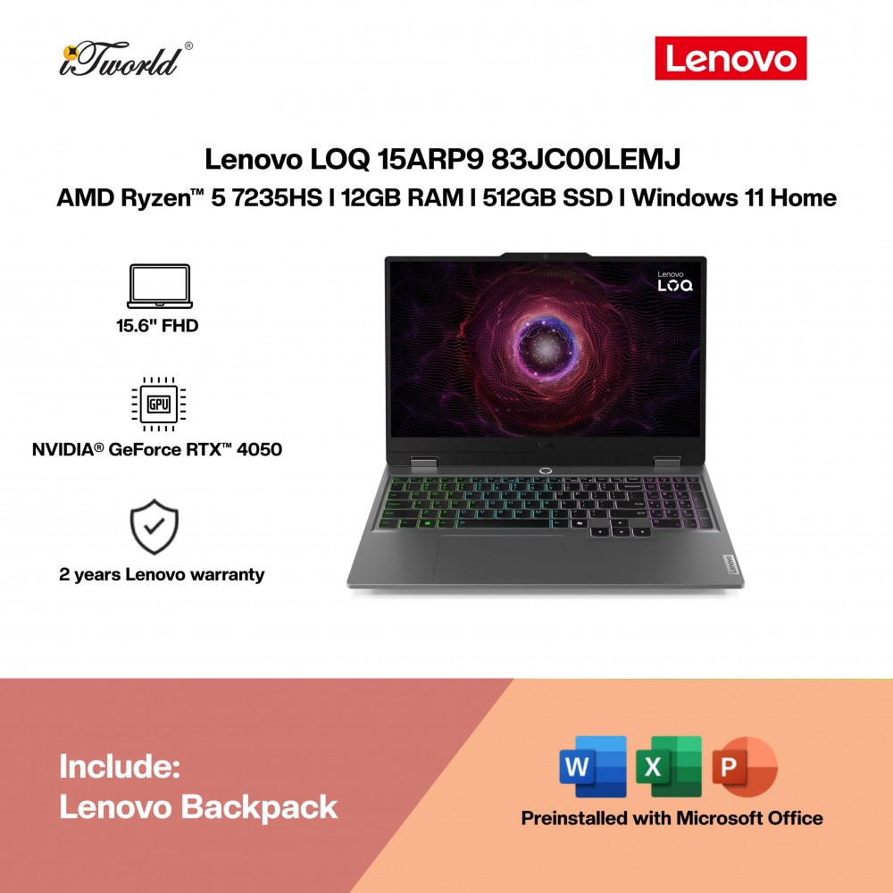 Lenovo LOQ 15ARP9 83JC00LEMJ Laptop (AMD Ryzen™ 5 7235HS | 15.6" FHD | 12GB RAM | 512GB SSD | NVIDIA  ® GeForce RTX™ 4050 6GB | Windows 11 Home |Microsoft Office Home 2024)