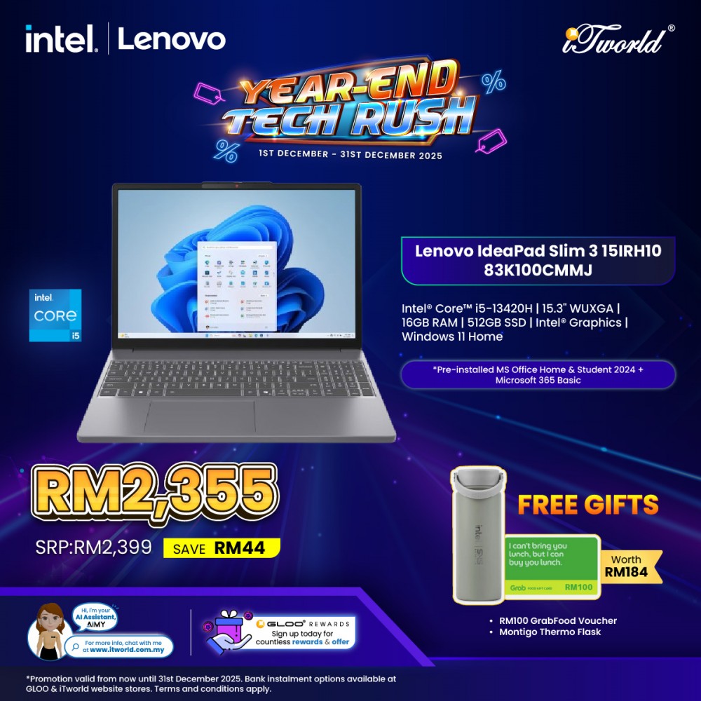 Lenovo IdeaPad Slim 3 15IRH10 83K100CMMJ Laptop (Intel  ® Core™ i5-13420H | 15.3" WUXGA | 16GB RAM | 512GB SSD | Integrated Intel  ® UHD Graphics | Windows 11 Home | Office Home & Student)