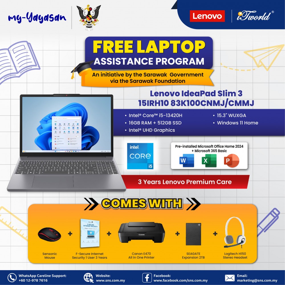 (my-Yayasan) Lenovo IdeaPad Slim 3 15IRH10 83K100CNMJ Laptop (Intel  ® Core™ i5-13420H | 15.3" WUXGA | 16GB RAM | 512GB SSD | Integrated Intel  ® UHD Graphics | Windows 11 Home | Office Home & Student)