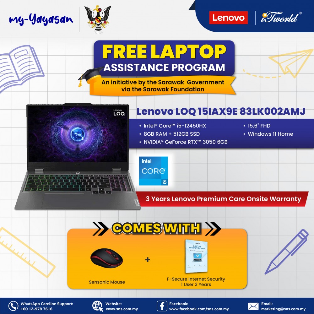 (my-Yayasan) Lenovo LOQ 15IAX9E 83LK002AMJ Laptop (Intel  ® Core™ i5-12450HX | 15.6” FHD | 8GB RAM | 512GB SSD | NVIDIA  ® GeForce RTX™ 3050 6GB GDDR6| Windows 11 Home)