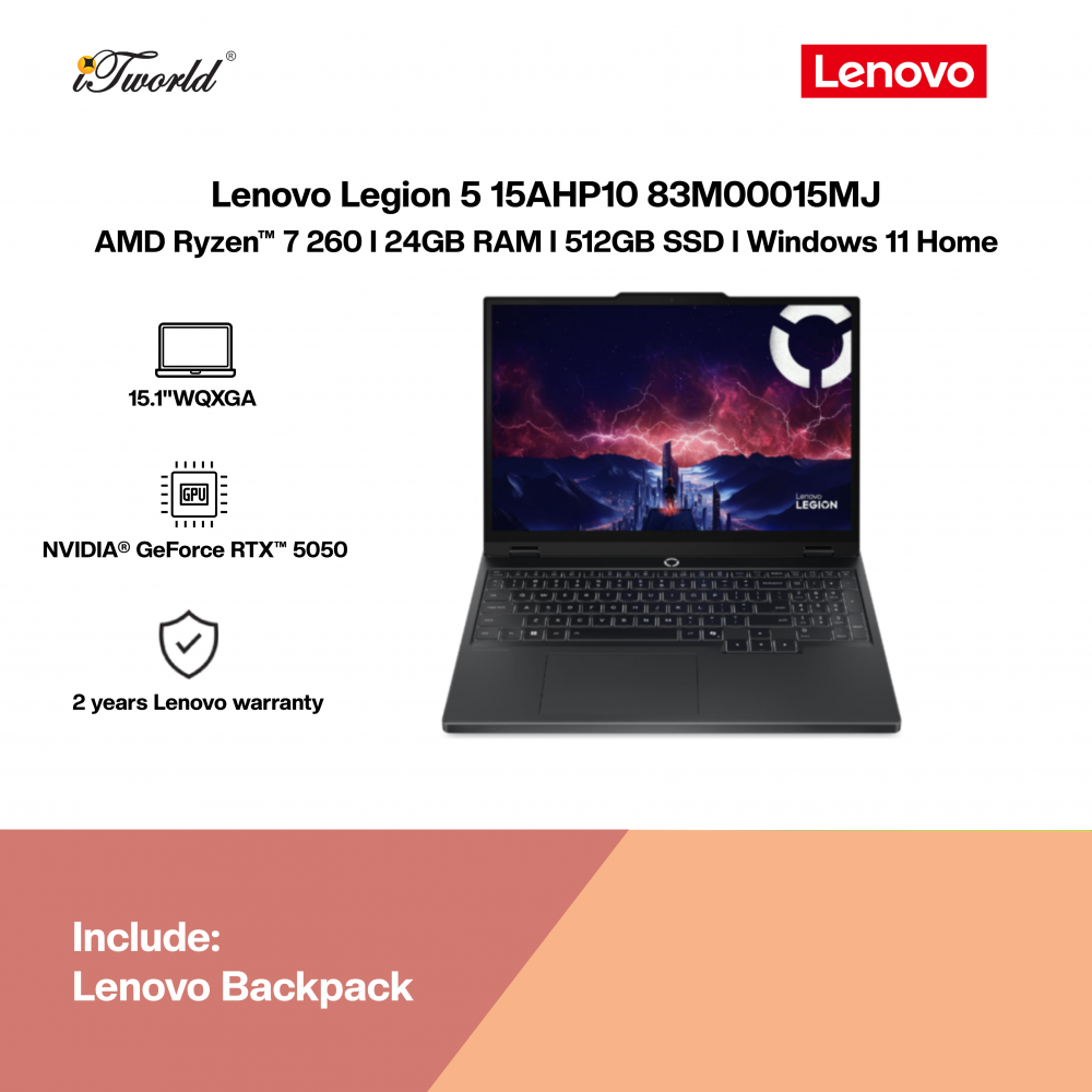 Lenovo Legion 5 15AHP10 83M00015MJ Gaming Laptop (AMD Ryzen™ 7 260 | 15.1” WQXGA OLED | 24GB RAM | 512GB SSD | NVIDIA  ® GeForce RTX™ 5050 | Windows 11 Home)