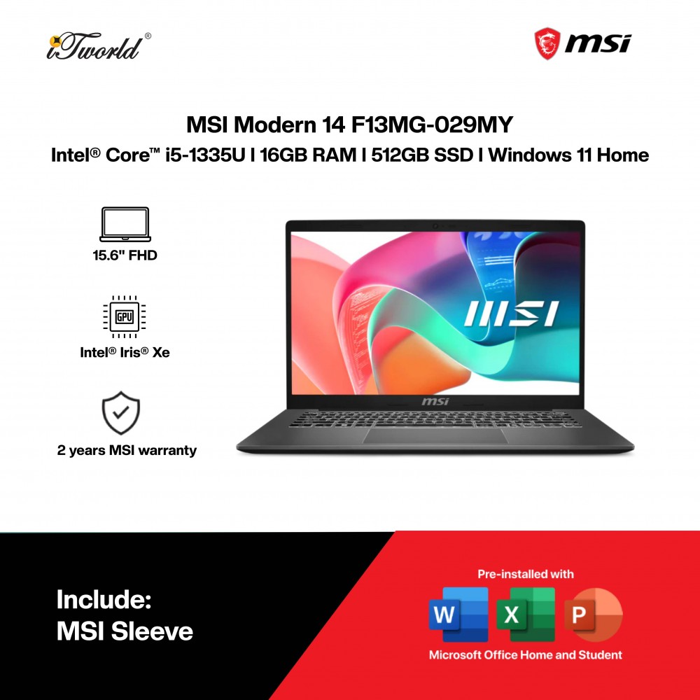 MSI Modern 14 F13MG-029MY Laptop (Intel Coe i5-1335U | 14"FHD | 16GB RAM | 512GB SSD | Intel Iris Xe Graphics | Windows 11 Home | Office Home & Student)