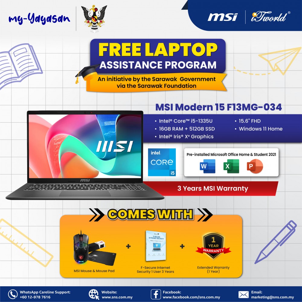 (my-Yayasan) MSI Modern 15 F13MG-034MY (Intel Core 5-1335U | 15.6"FHD | 16GB RAM | 512GB SSD | Intel Iris Xe | Windows 11 Home)