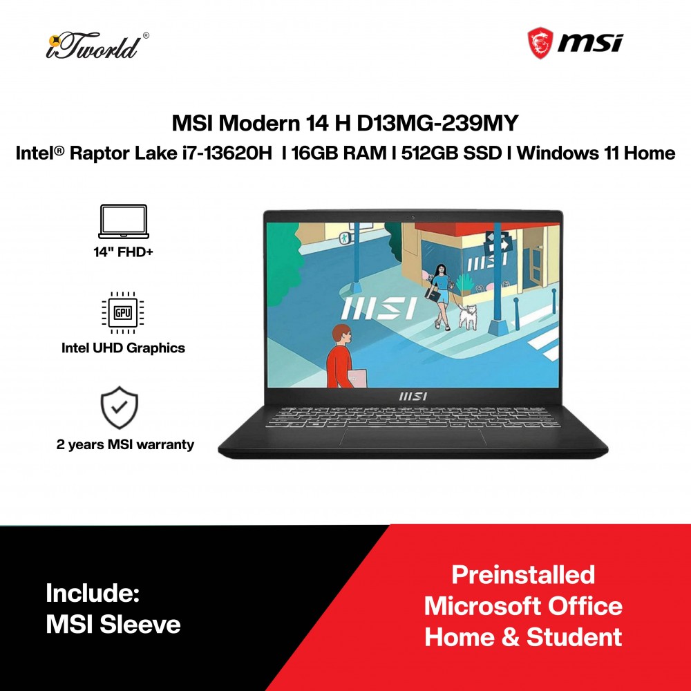 MSI Modern 14 H D13MG-239MY Laptop ( Intel Core i7-13620H | 14" FHD | 16GB RAM | 512GB SSD | Intel Iris Xe Graphics | Office Home & Student | Windows 11 Home) 