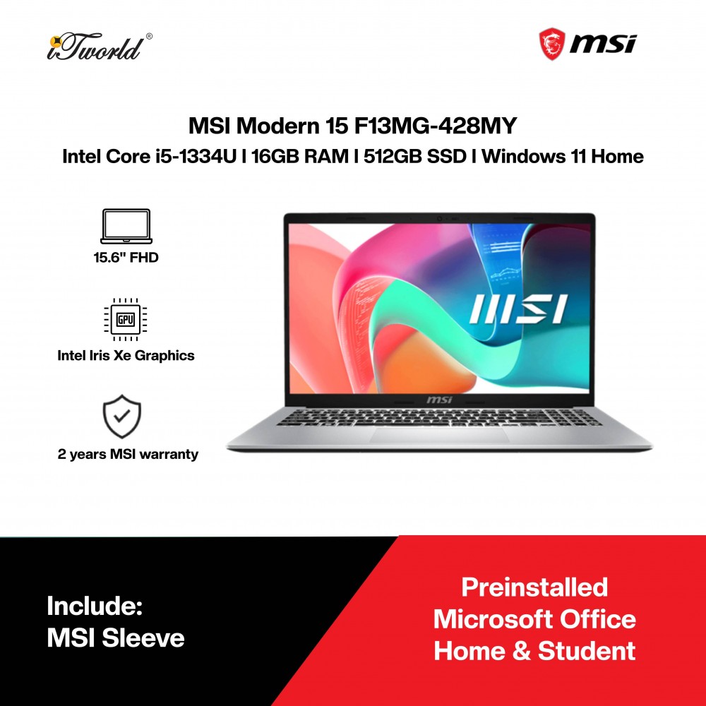 MSI Modern 15 F13MG-428MY Laptop (Intel Core i5-1334U | 15.6" FHD | 16GB RAM | 512GB SSD | Intel Iris Xe Graphics | Windows 11 Home | Office Home & Student)