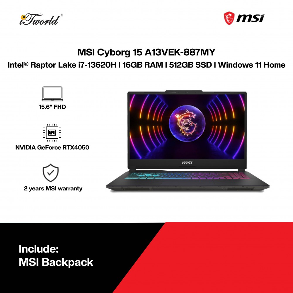 MSI Cyborg 15 A13VEK-887MY Gaming Laptop (Intel  ® Raptor Lake i7-13620H | 15.6"FHD | 16GB RAM | 512GB SSD | NVIDIA  ® GeForce  ® RTX4050 | Windows 11 Home)