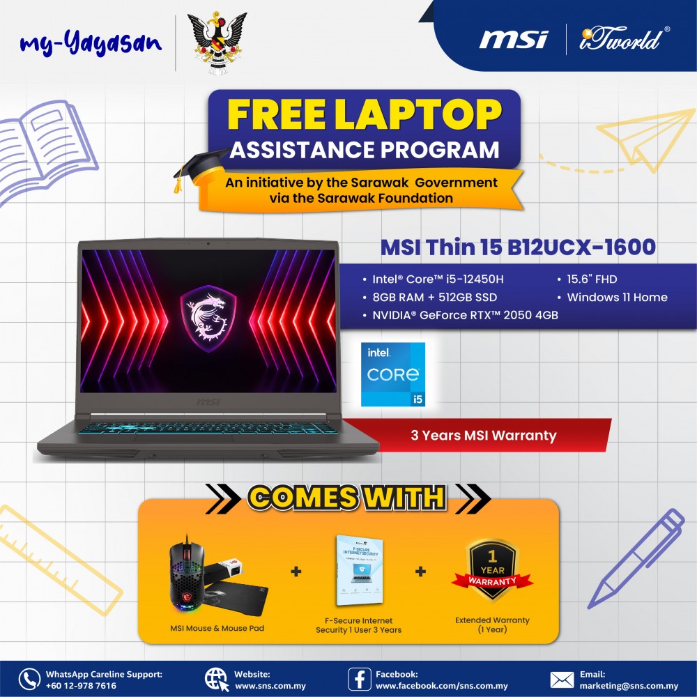 (my-Yayasan) MSI Thin 15 B12UCX-1600MY Gaming Laptop (i5-12450H,8GB,512 GB SSD,RTX2050 4GB,15.6"FHD,W11H,Gray,2Y)