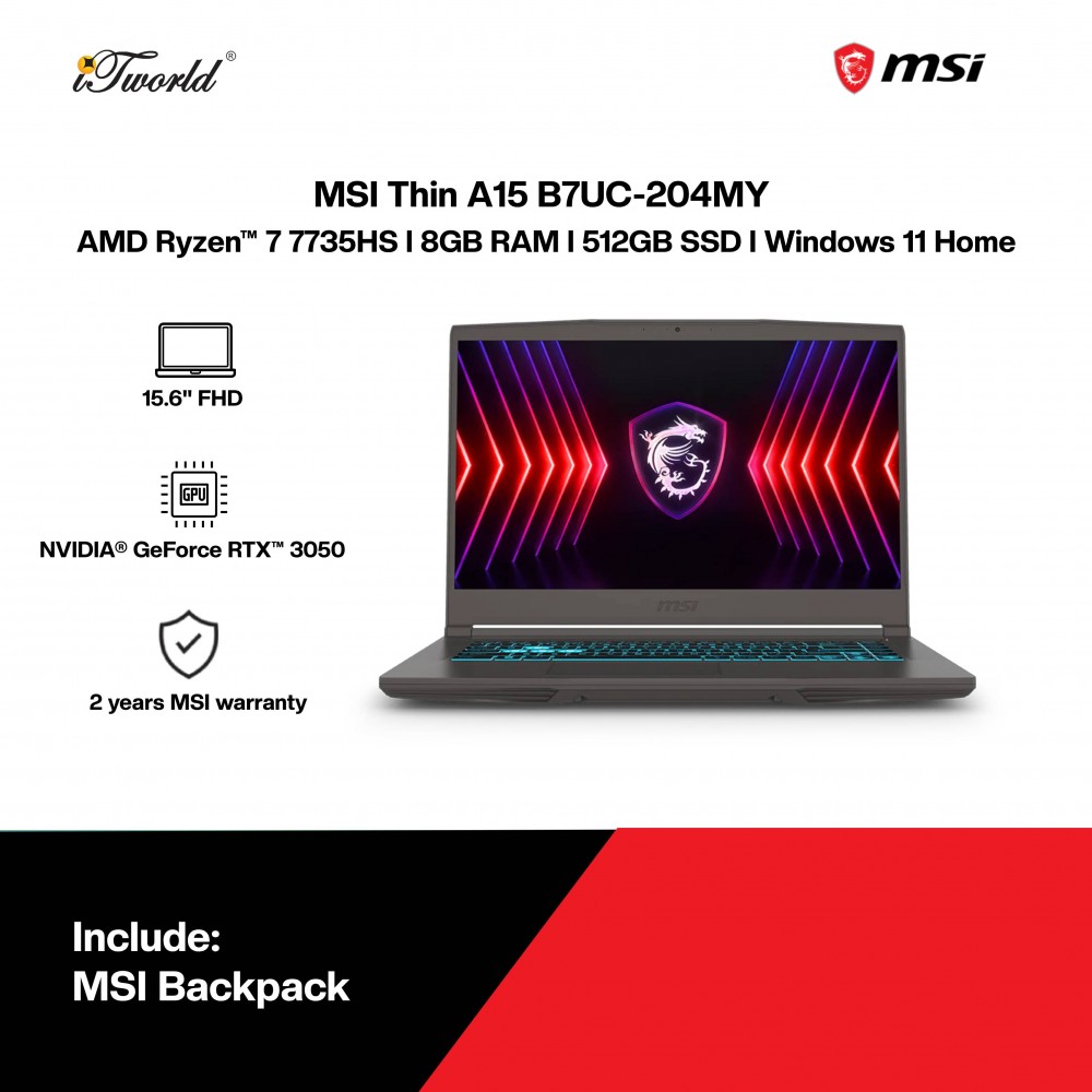 MSI Thin A15 B7UC-204MY Gaming Laptop (AMD Ryzen™ 7 7735HS | 15.6" FHD | 8GB RAM | 512GB SSD | NVIDIA  ® GeForce RTX™ 3050 4GB | Windows 11 Home)