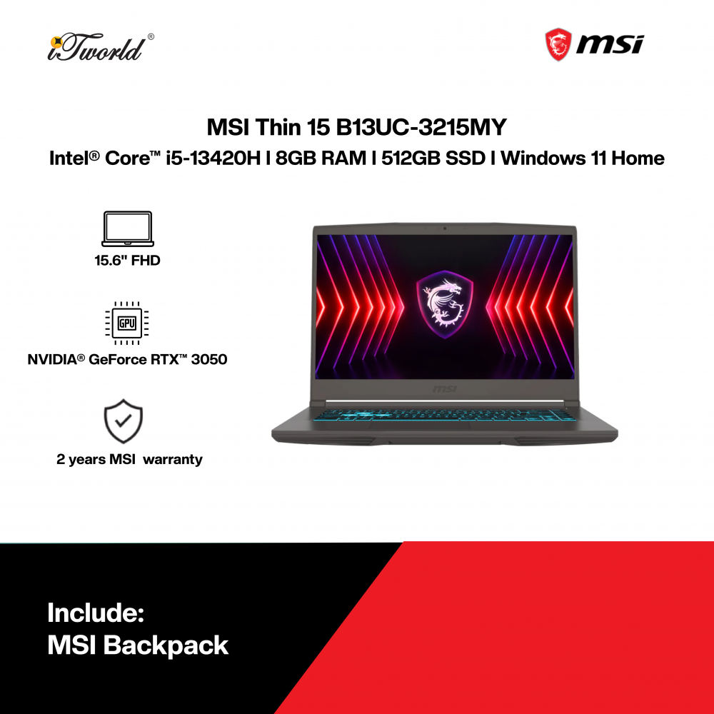 MSI Thin 15 B13UC-3215MY Gaming Laptop (Intel  ® Core™ i5-13420H | 15.6” FHD | 8GB RAM | 512GB SSD | NVIDIA  ® GeForce RTX™ 3050 | Windows 11 Home)