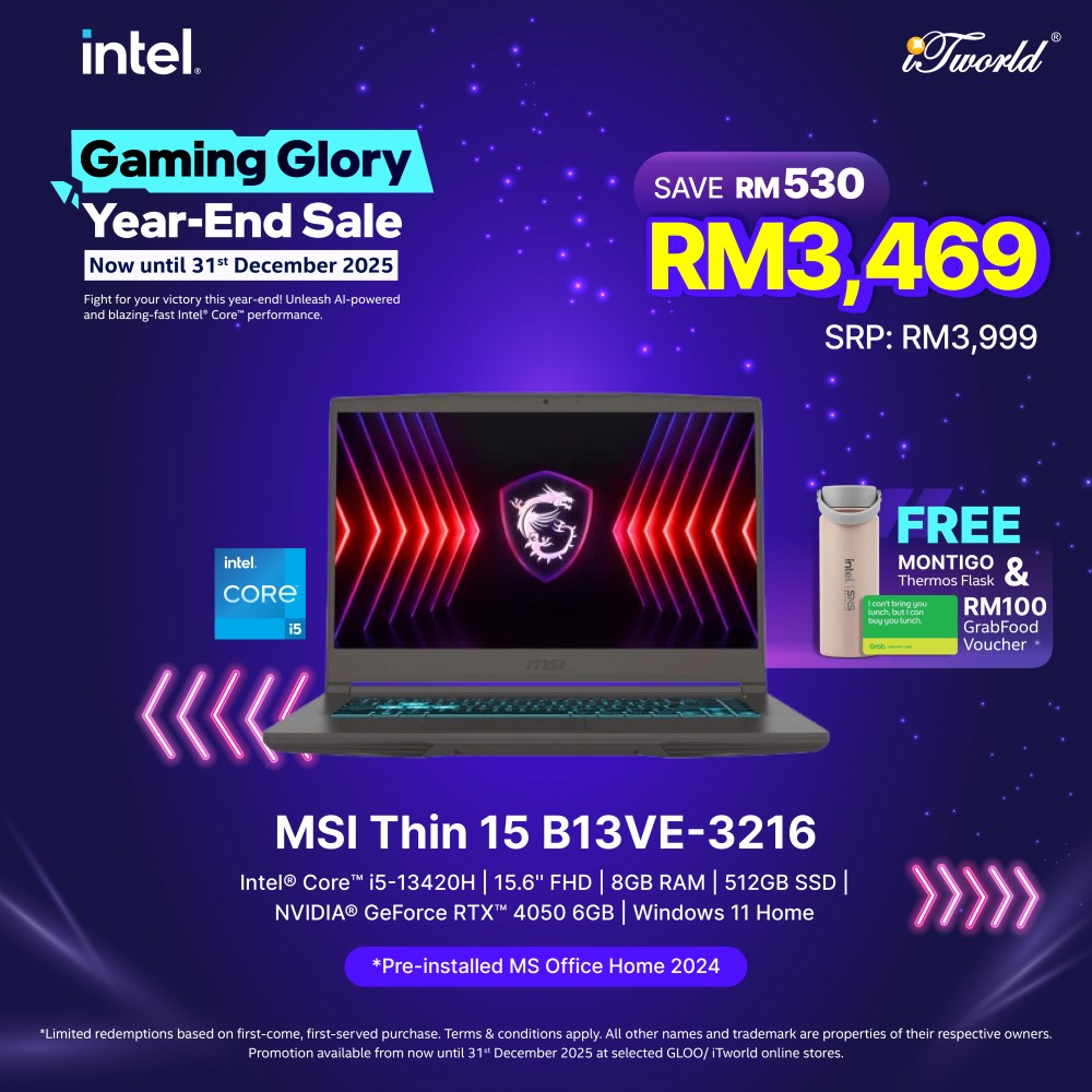 MSI Thin 15 B13VE-3216MY Gaming Laptop (Intel Core i5-13420H | 15.6" FHD | 8GB RAM | 512GB SSD | NVIDIA  ® GeForce RTX™ 4050 | Windows 11 Home | Office Home 2024) 