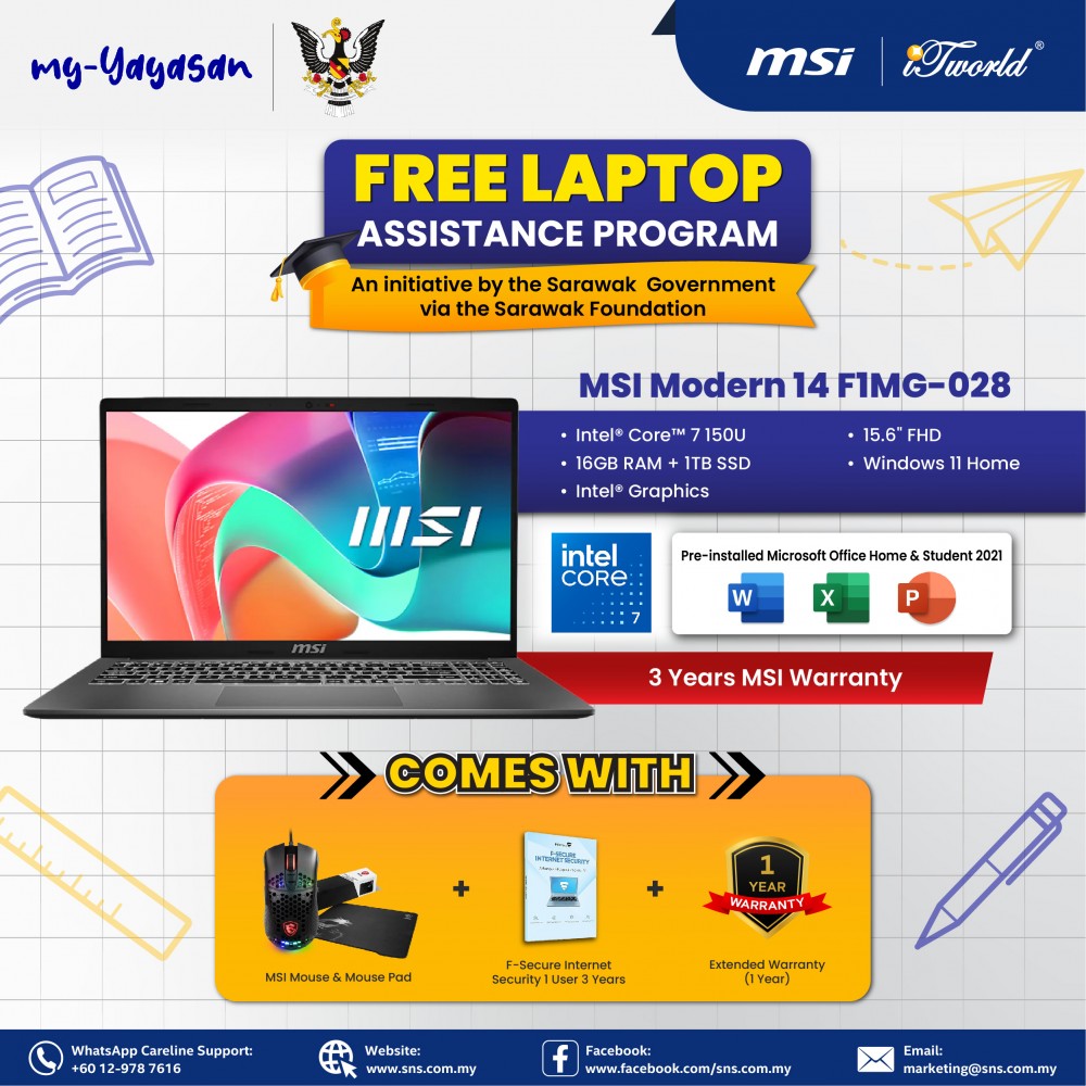 (my-Yayasan) MSI Modern 14 F1MG-028MY Laptop (Intel Core 7 150U Processor | 14" FHD | 16GB RAM | 1TB SSD | Intel Graphics | Windows 11 Home | Office Home & Student)