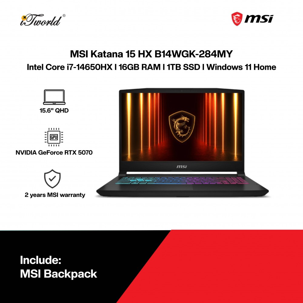 MSI Katana 15 HX B14WGK-284MY Gaming Laptop (NVIDIA  ® GeForce RTX™ 5070 | C i7-14650HX | 15.6"QHD | 16GB RAM | 1TB SSD SSD | Windows 11 Home)