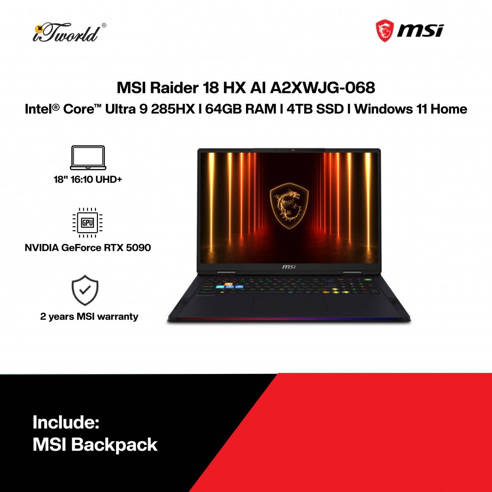 MSI Raider 18 HX AI A2XWJG-068MY Gaming Laptop (NVIDIA  ® GeForce RTX™ 5090 | CU 9-285HX |18"UHD+ | 64GB RAM | 4TB SSD | Windows 11 Home)
