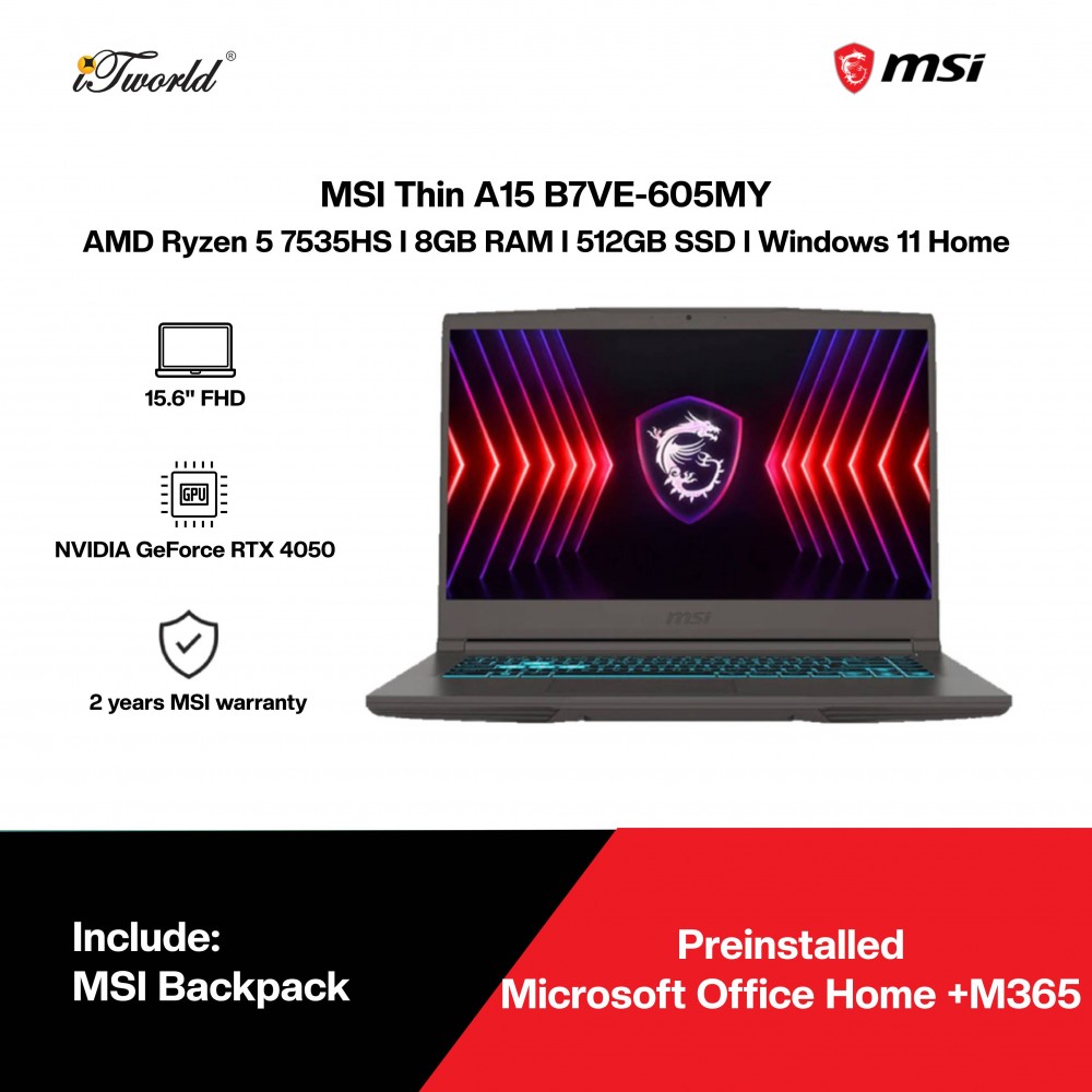 MSI Thin A15 B7VE-605MY Gaming Laptop (AMD Ryzen 5 7535HS | 15.6"FHD | 8GB RAM | 512GB SSD | NVIDIA GeForce RTX 4050 | Windows 11 Home | Office Home)