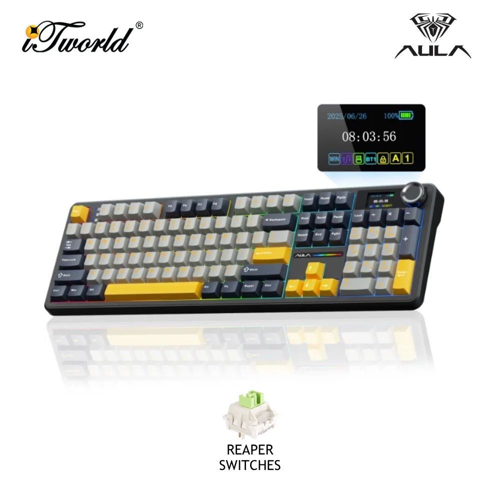 AULA F108 PRO Multi Mode Mechanical Keyboard with Reaper Switch (F108PRO-Grey+Yellow)
