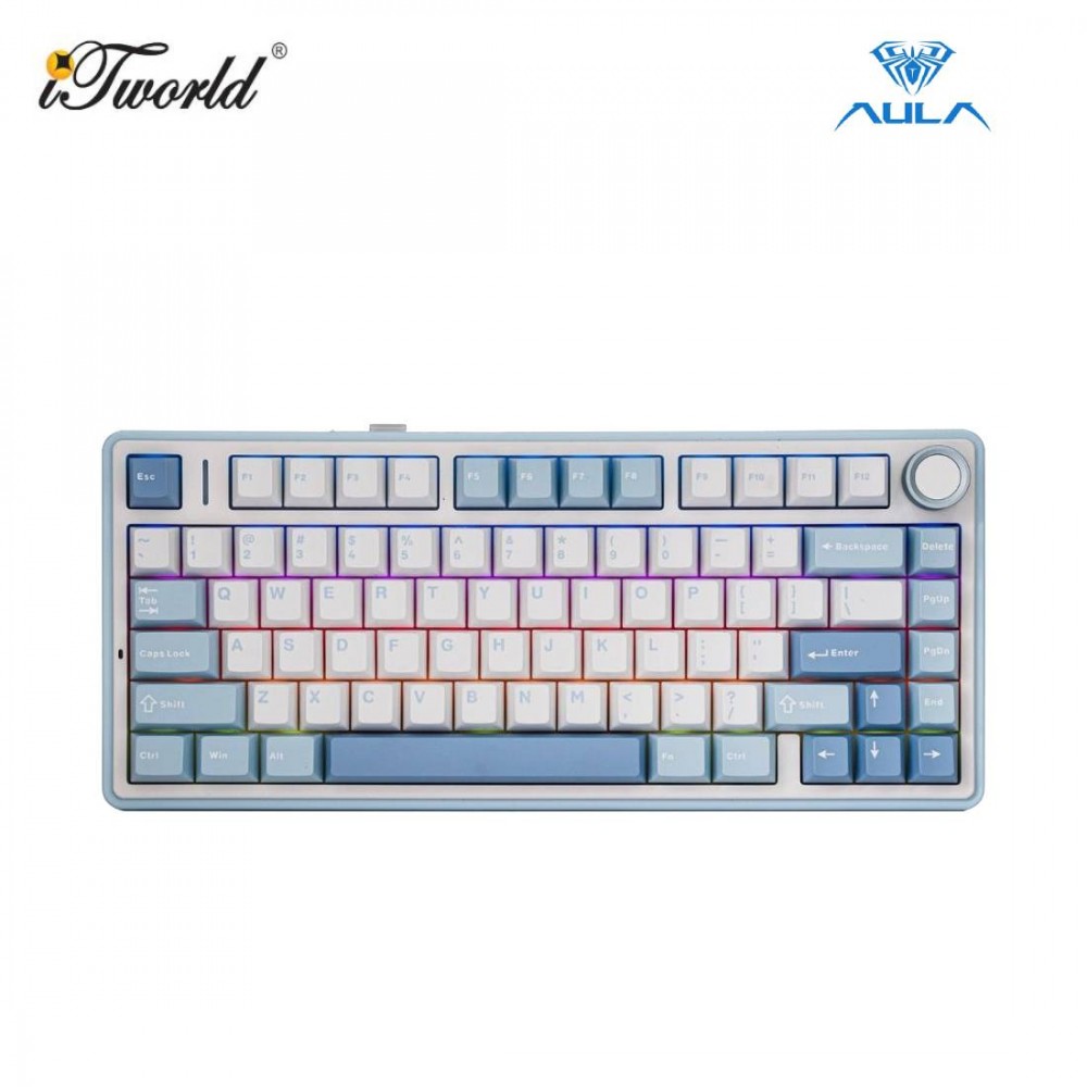 AULA F75 Multi Mode Hot Swap Mechanical Keyboard With Gray Wood V3 Switch - Sea Salt Blue (F75-BLUE+WHITE+DARK BLUE)